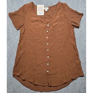 LuLaRoe Shannah Blouse Womens XS Brown Textured V Neck Button Up Top Stretch New